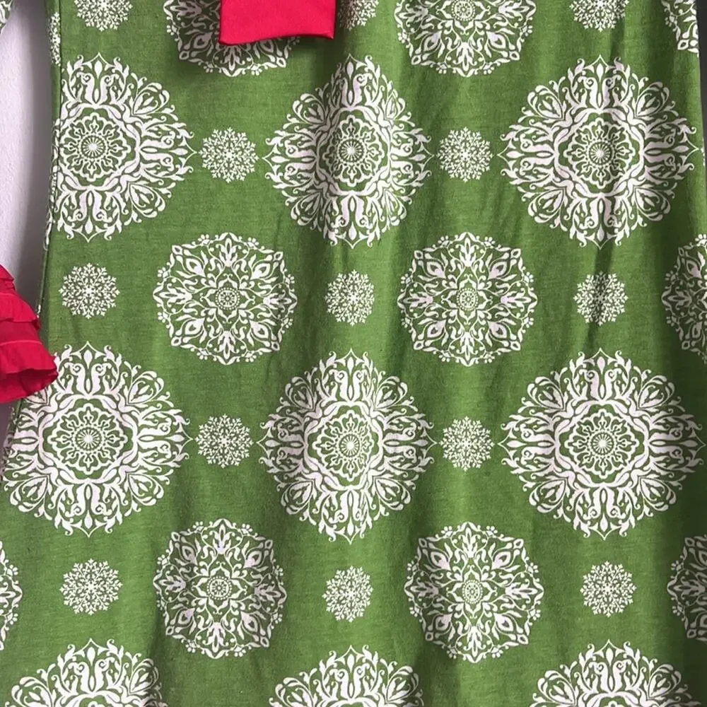 Counting Daisies mandala ruffle hem jersey knit Christmas dress sz 10